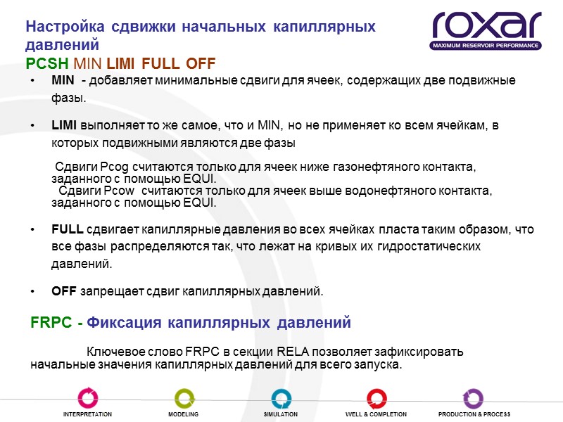 Настройка сдвижки начальных капиллярных  давлений PCSH MIN LIMI FULL OFF  MIN 